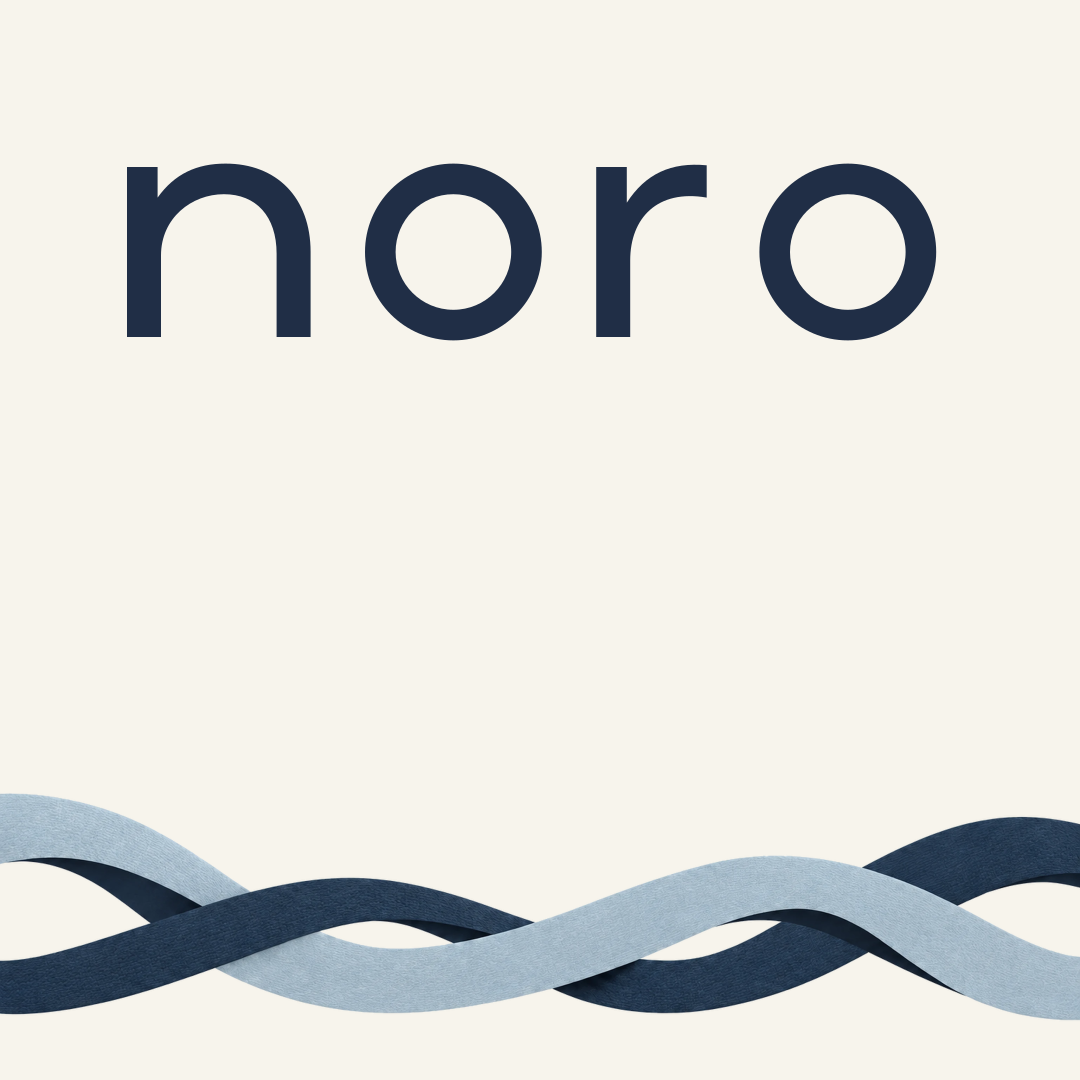 Square post: noro wordmark above woven ribbons on cloth white